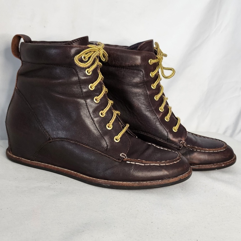 Matiko Womens Dark Brown Leather Hidden Wedge Moc Toe Lace Up Ankle Boots 6.5